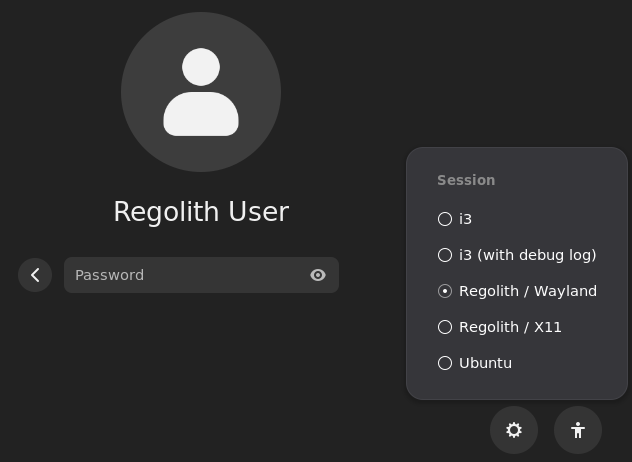 The GDM login screen with the session menu open from the gear button, and Regolith / Wayland selected