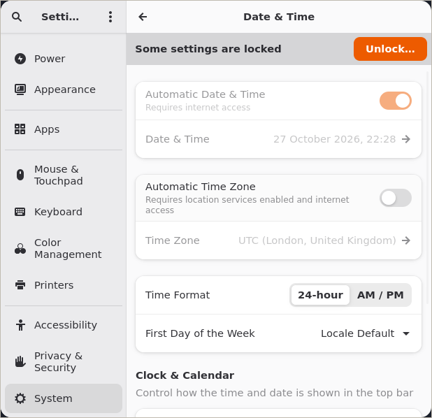 The Date & Time page of Settings, with the Time Format switch set to 24-hour